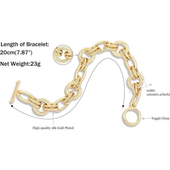 18k Gold Plated Chunky Cuban Link Bracelet for Men Women Toggle Rope Jewelry - Picture 3 of 7